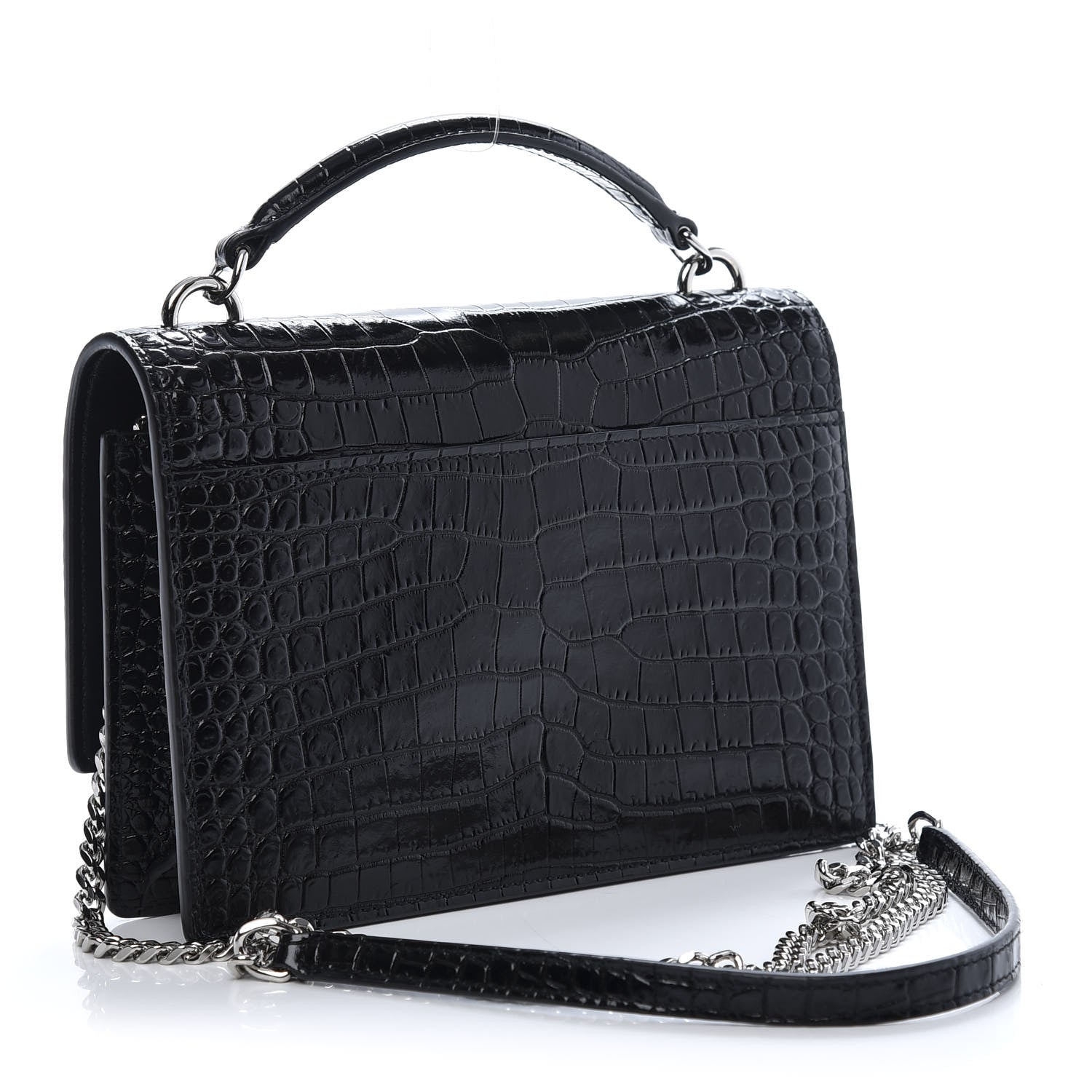 Saint Laurent Calfskin Crocodile Embossed Monogram Sunset Top Handle Chain Wallet Black 3 of 12