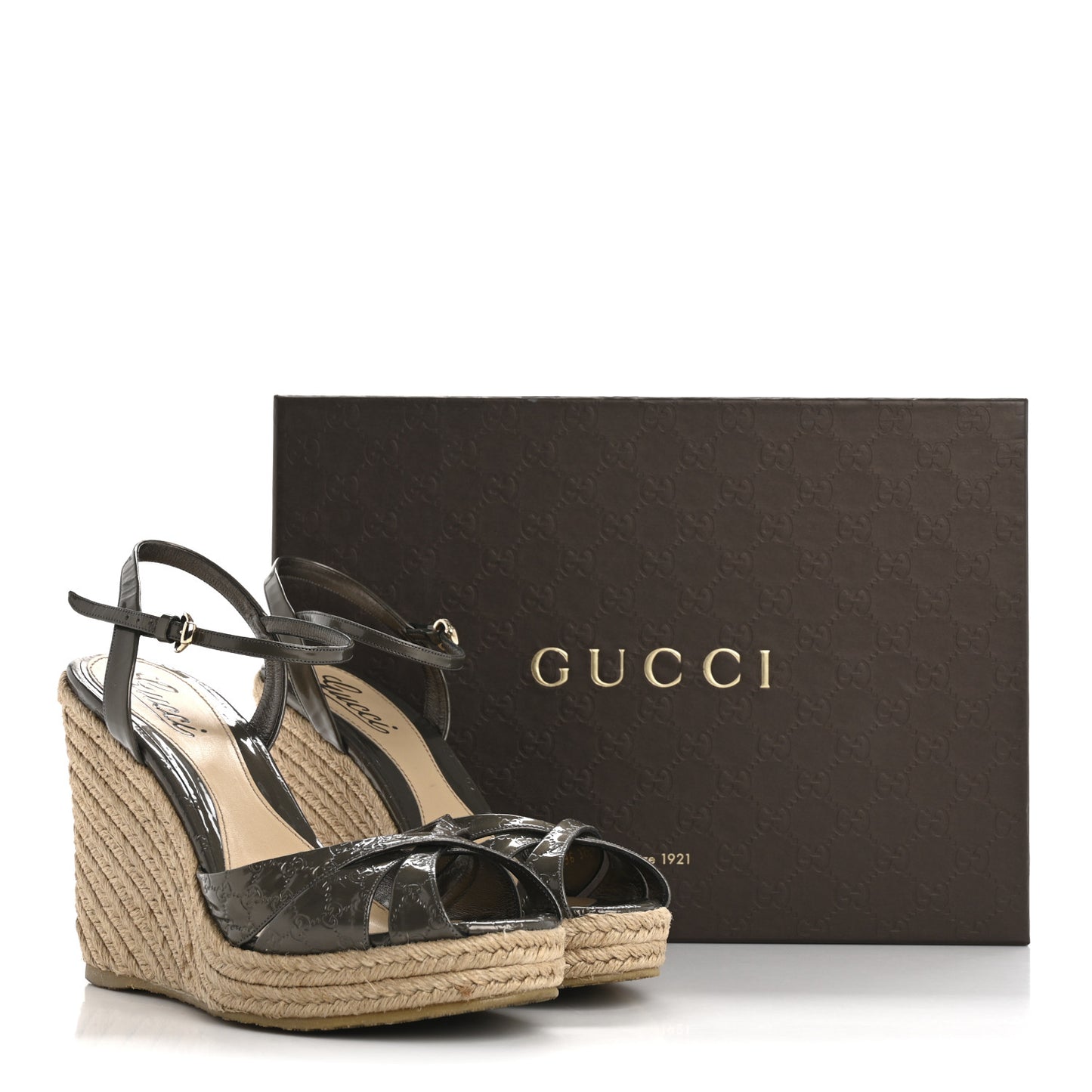 Patent Microguccissima Penelope Espadrille Wedge Sandals 37.5 Acero