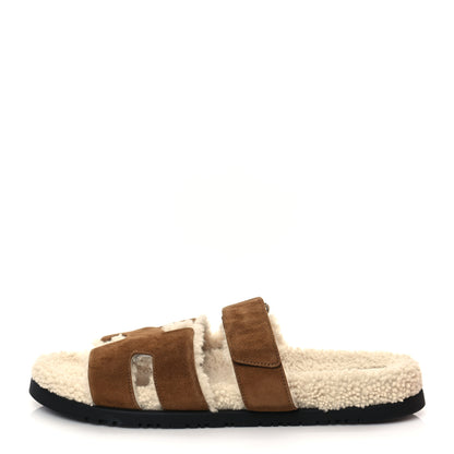 Hermes Suede Goatskin Woolskin Mens Chypre Sandals 44 Brun Fume Ecru 1 of 9