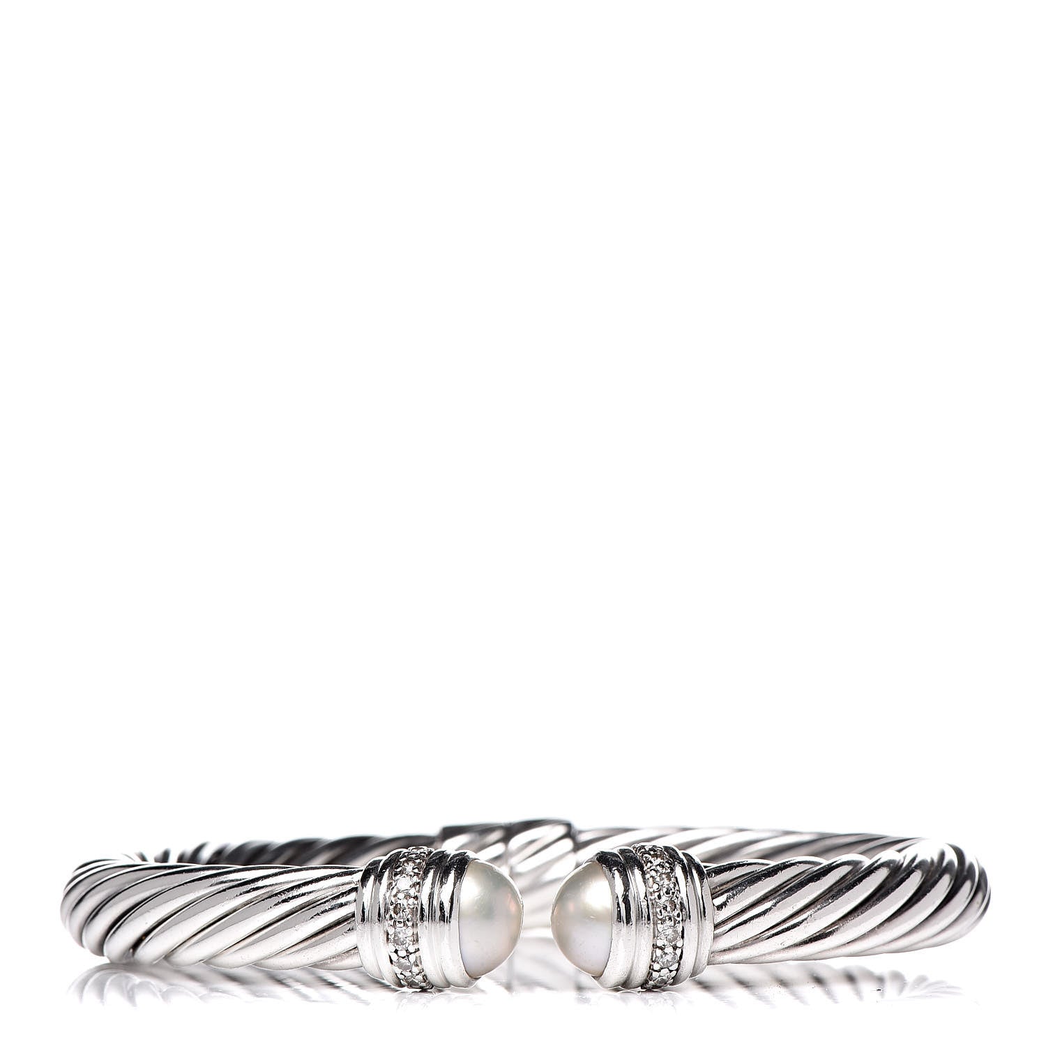David Yurman Sterling Silver Pearl Diamond 10mm Cable Classics Hinged Bracelet XL 1 of 7