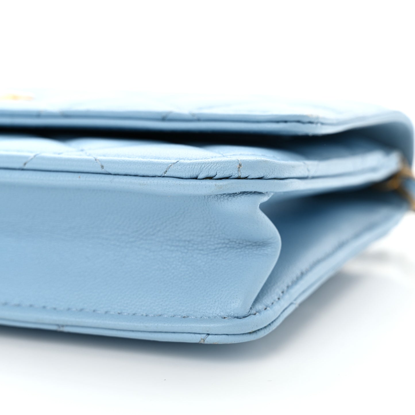 Lambskin Quilted CC Pearl Crush Wallet on Chain WOC Light Blue