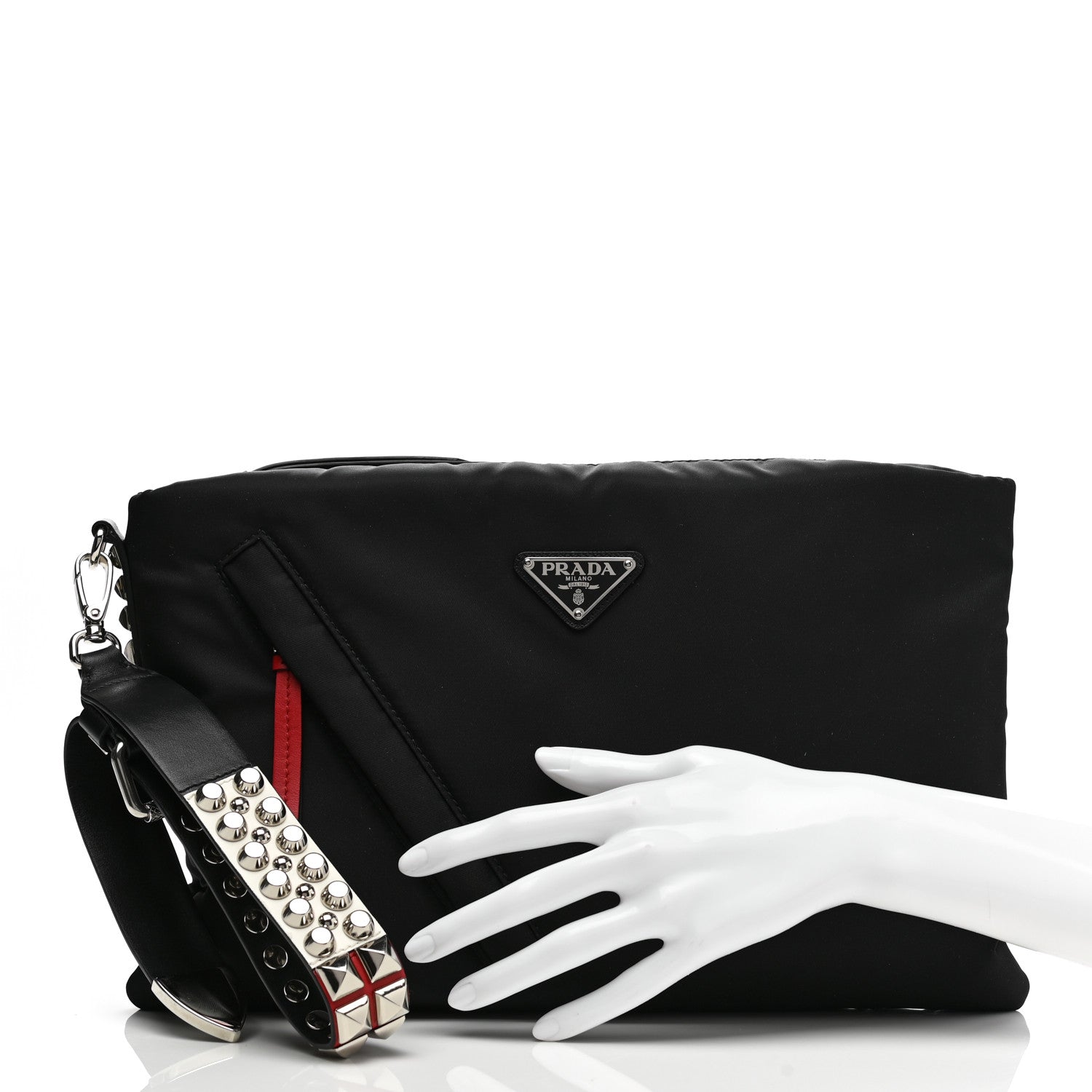 Prada Tessuto Nylon Studded Wristlet Black Fuoco 2 of 7