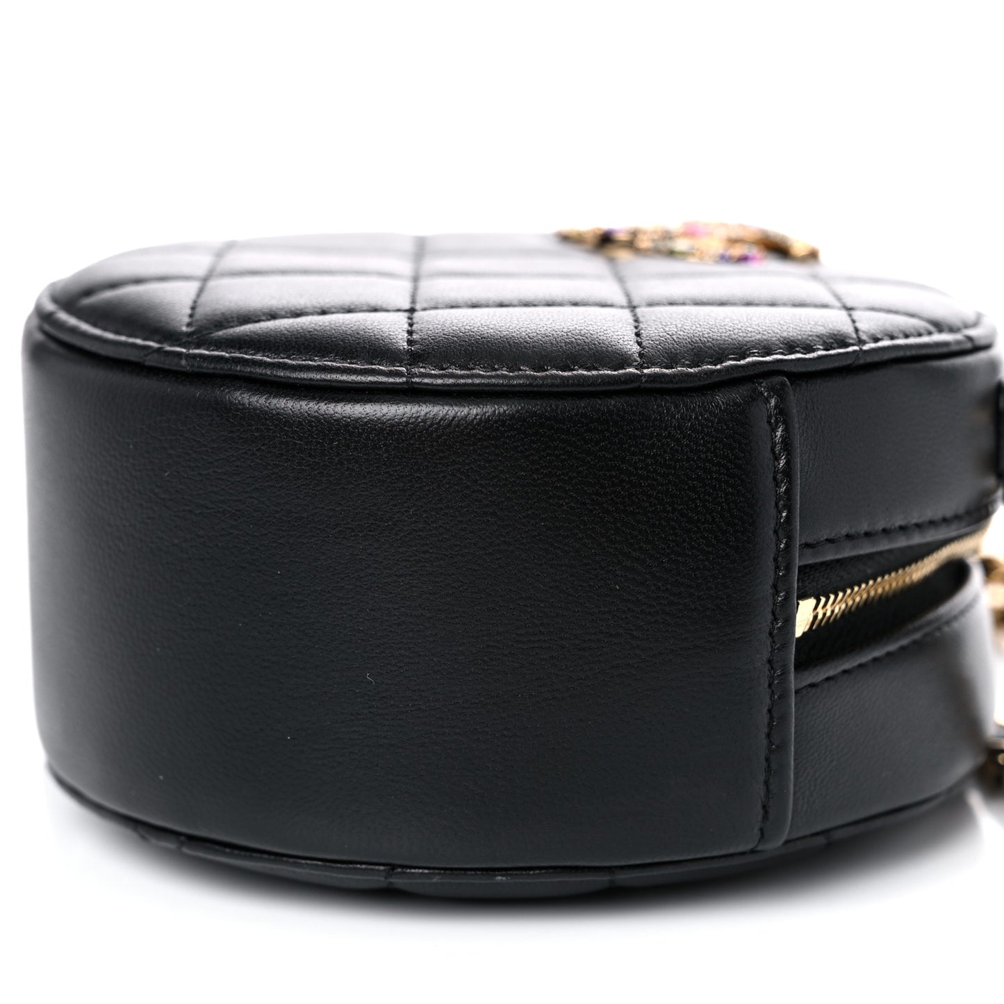 Lambskin Quilted Zirconium Round Clutch With Chain Black