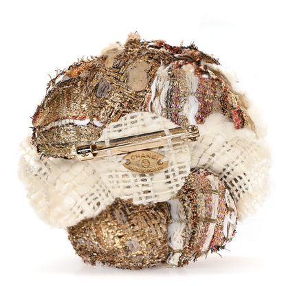Chanel Metallic Tweed CC Camellia Brooch Gold Ivory 3 of 4