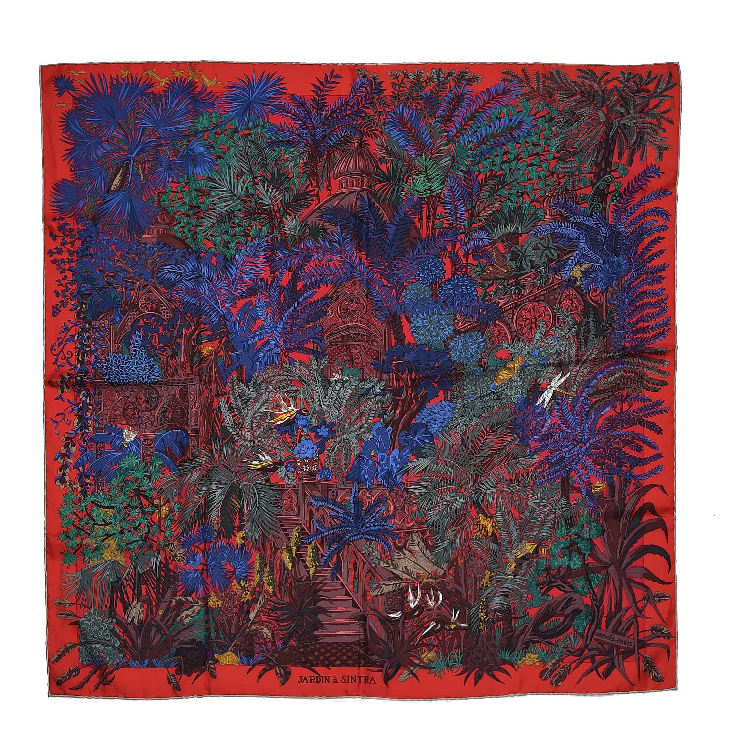 Hermes Silk Jardin A Sintra Scarf 90 Rouge Bleu Vert 1 of 7