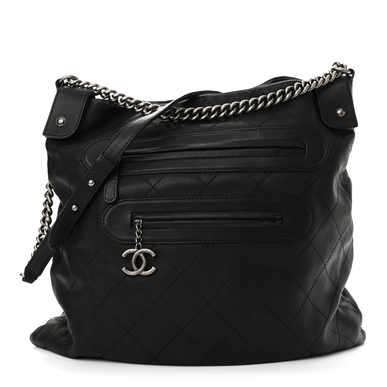 Chanel Calfskin Stitched Double Zip Hobo Black 1 of 10