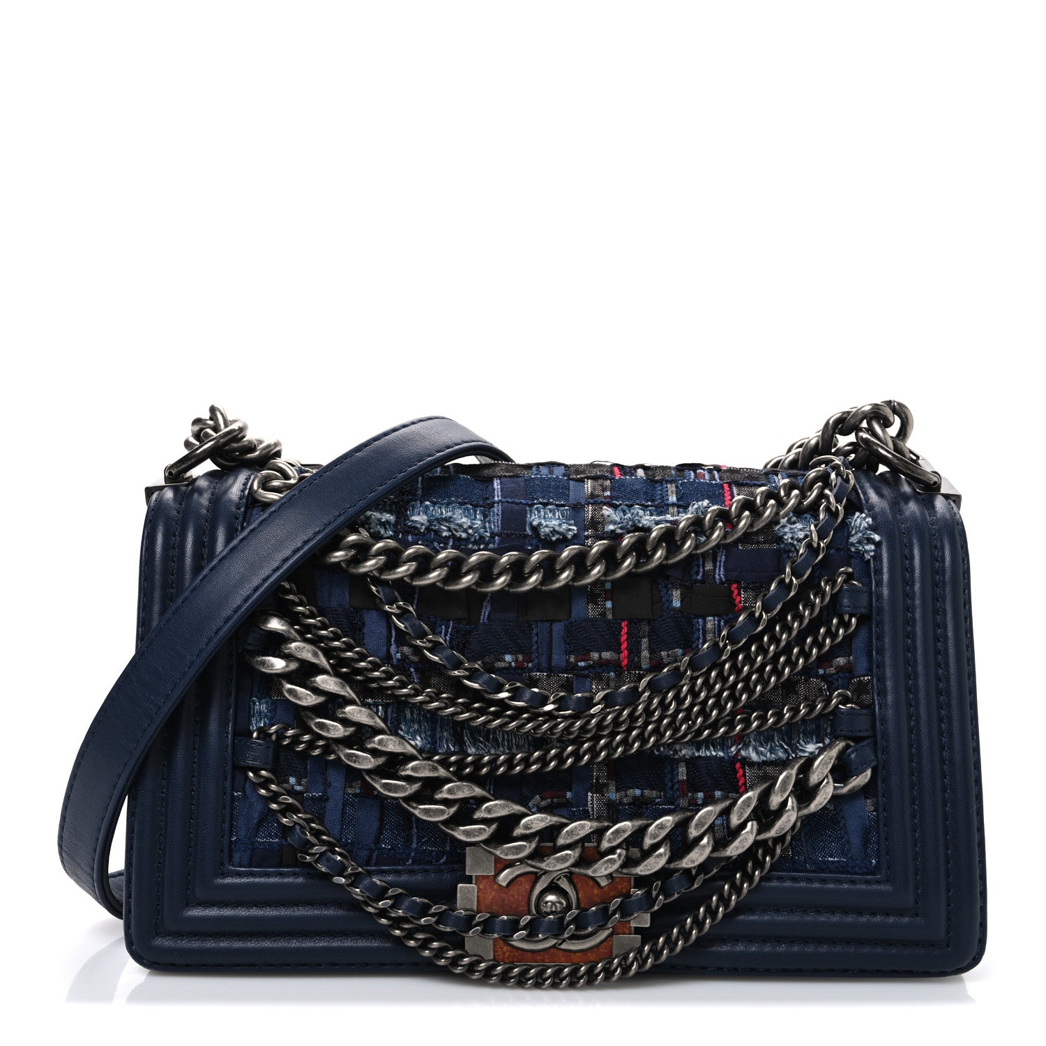 Chanel Lambskin Denim Tweed Medium Enchained Boy Flap Navy Blue 1 of 11
