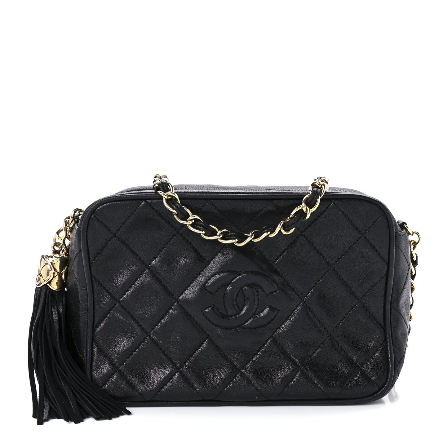 Lambskin Quilted CC Tassel Camera Case Black