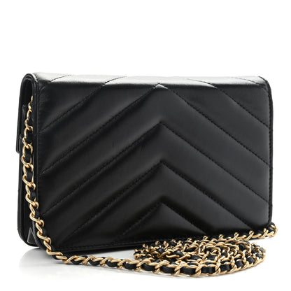 Chanel Lambskin Chevron Quilted Medallion Wallet On Chain WOC Black 3 of 14