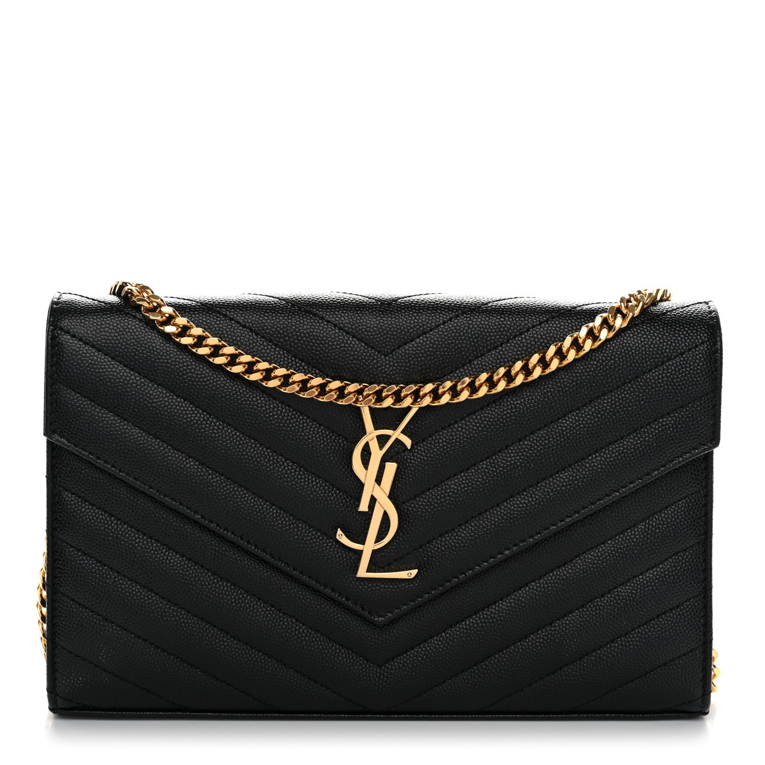 Saint Laurent Grain De Poudre Matelasse Chevron Monogram Chain Wallet Black 1 of 10