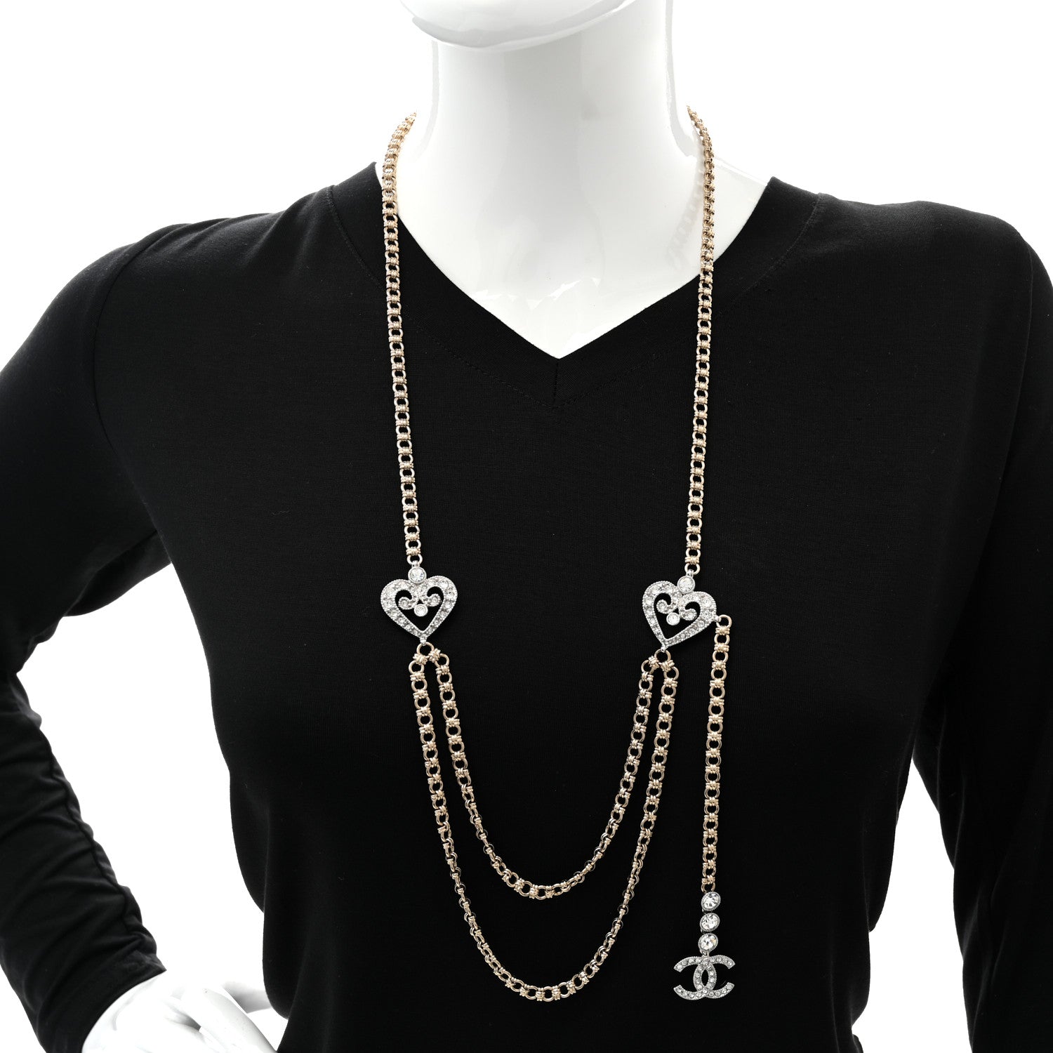 Chanel Crystal CC Heart Long Necklace Gold 2 of 7
