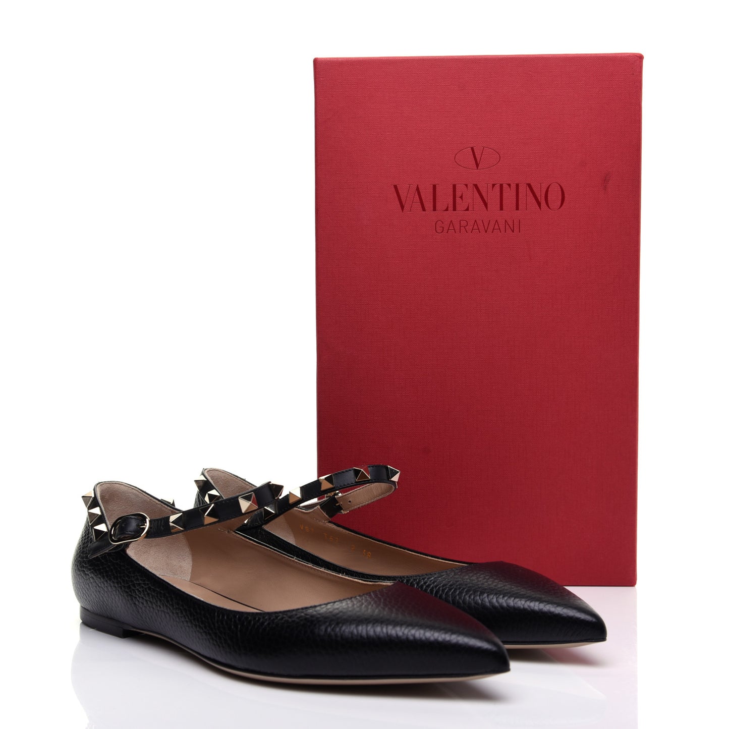 Pebbled Calfskin Rockstud Ankle Strap Ballerina Flats 38 Black