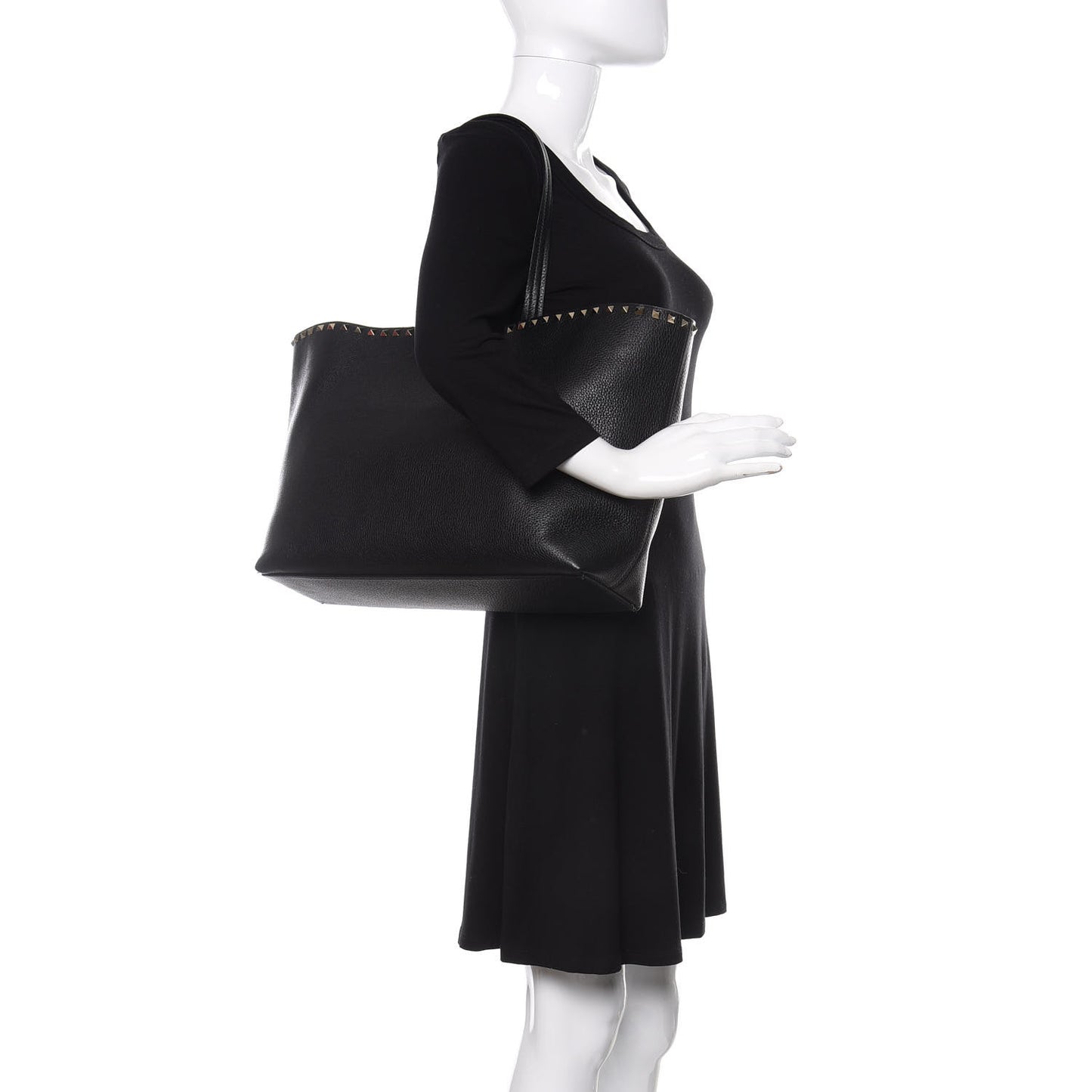 Grained Calfskin Rockstud Shoulder Tote Black