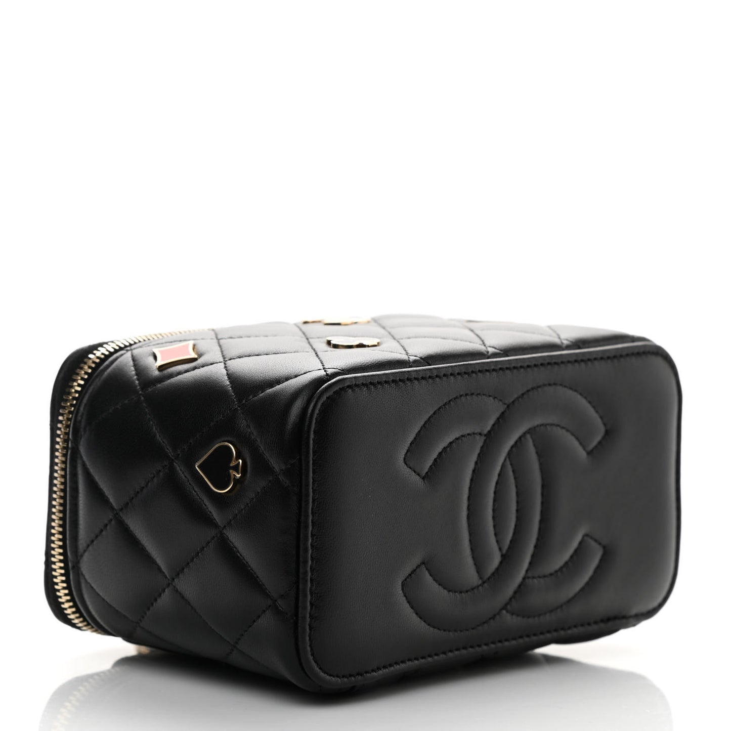 Lambskin Quilted Enamel Coco Casino Small Vanity Case With Chain Black