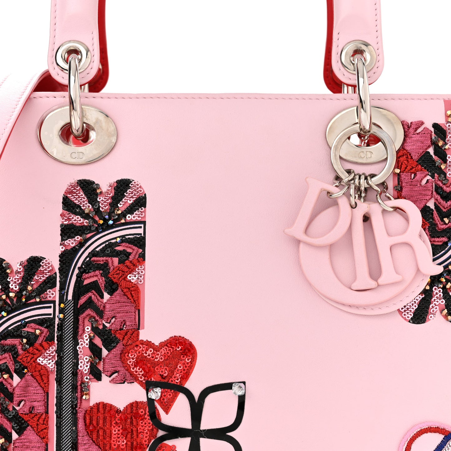Smooth Calfskin Embroidered Medium Lady Dior Pink Multicolor