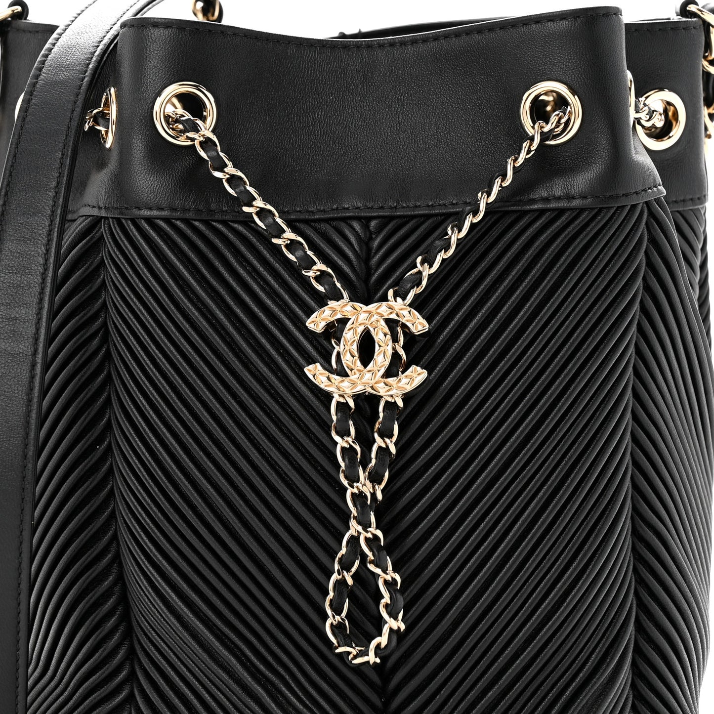Lambskin Chevron Drawstring Bag Black