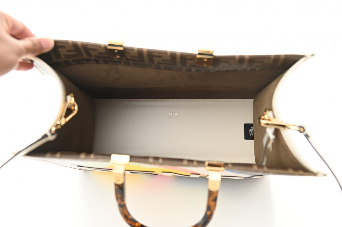 Glazed Fabric Vitello King Plexiglass FF 1974 Logo Hairdo Girls Inlay Medium Fendi Sunshine Shopper Tote Mogano Panna Multicolor