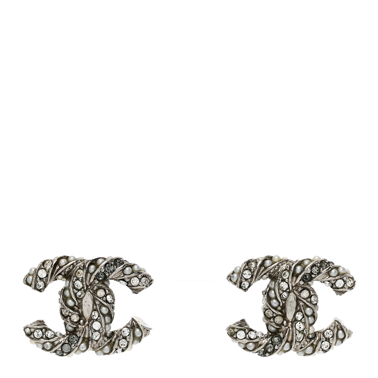 Crystal Pearl Twisted CC Earrings Silver
