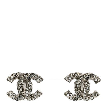 Chanel Crystal Pearl Twisted CC Earrings Silver 1 of 4