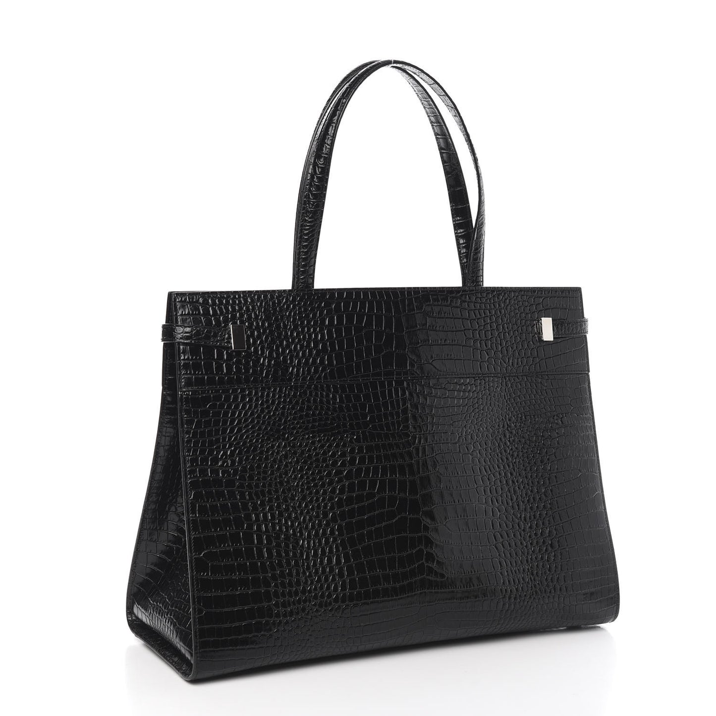 Shiny Calfskin Crocodile Embossed Medium Manhattan Shopper Tote Black