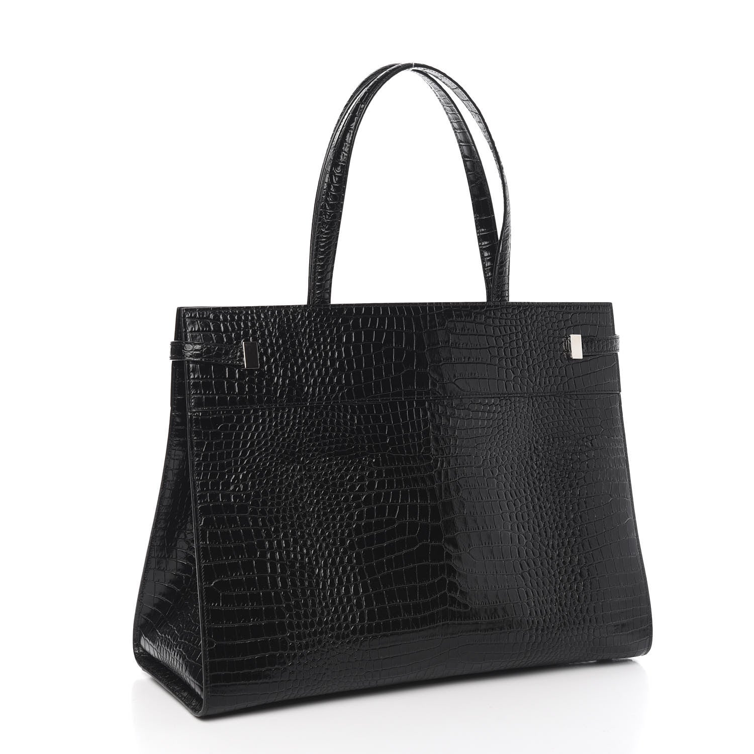 Saint Laurent Shiny Calfskin Crocodile Embossed Medium Manhattan Shopper Tote Black 3 of 9