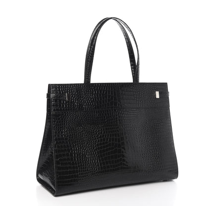 Saint Laurent Shiny Calfskin Crocodile Embossed Medium Manhattan Shopper Tote Black 3 of 9