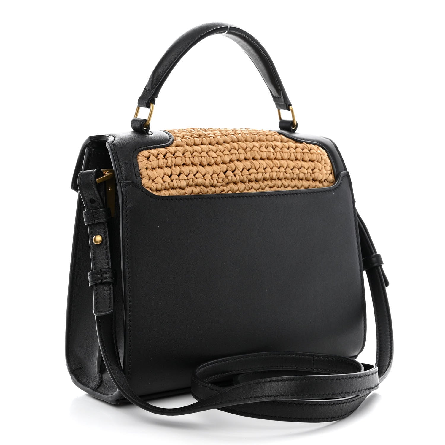 Saint Laurent Raffia Calfskin Mini Classic Monogram Cassandra Top Handle Black Natural 3 of 11