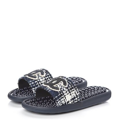 Chanel Tweed CC Flat Mules 35 Navy 3 of 8