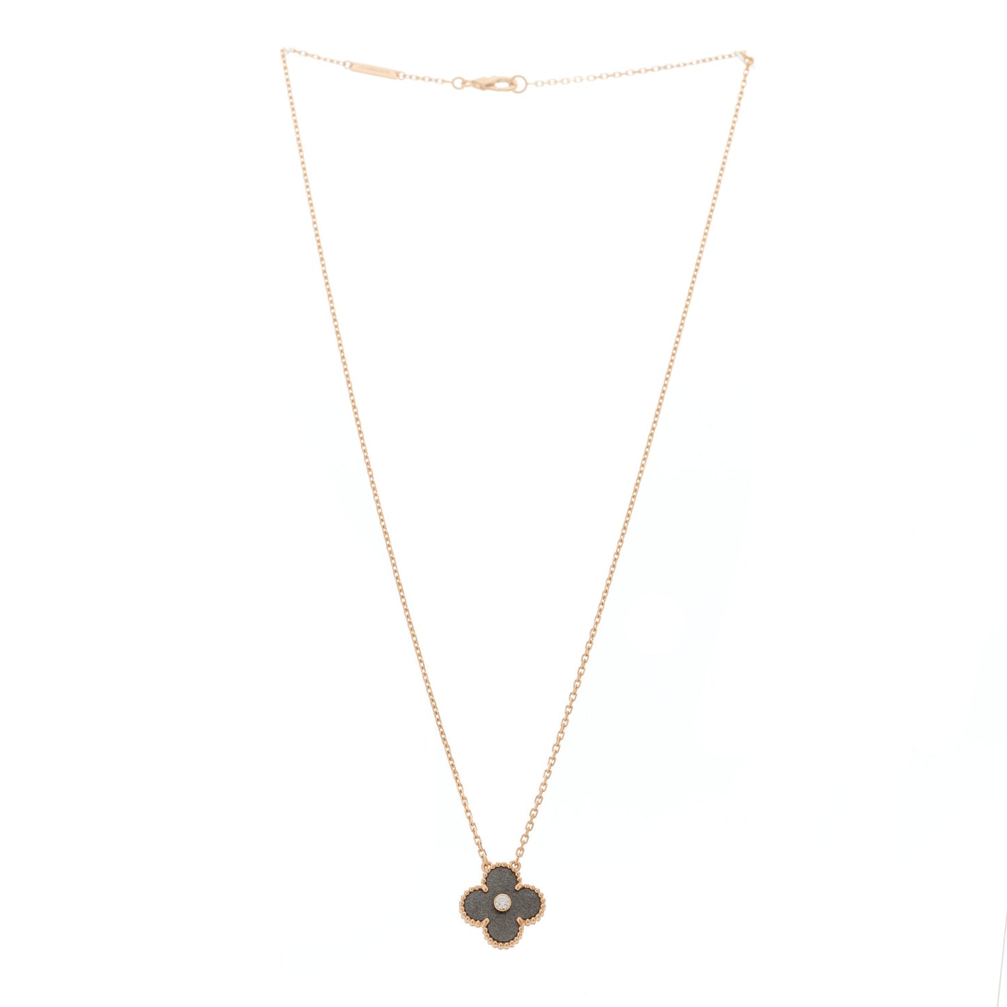 18K Rose Gold Diamond Silver Obsidian Vintage Alhambra Pendant Necklace