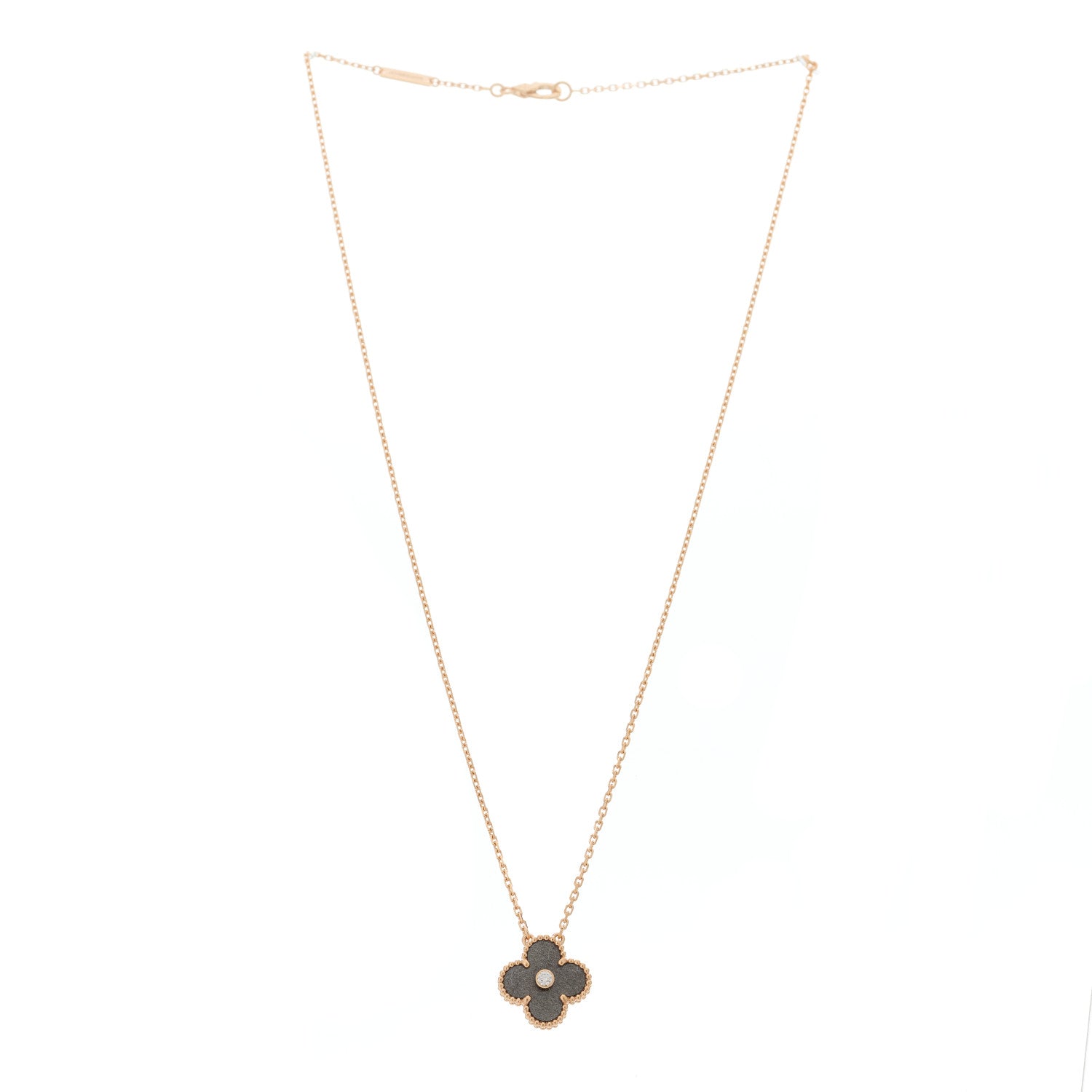 Van Cleef & Arpels 18K Rose Gold Diamond Silver Obsidian Vintage Alhambra Pendant Necklace 3 of 6