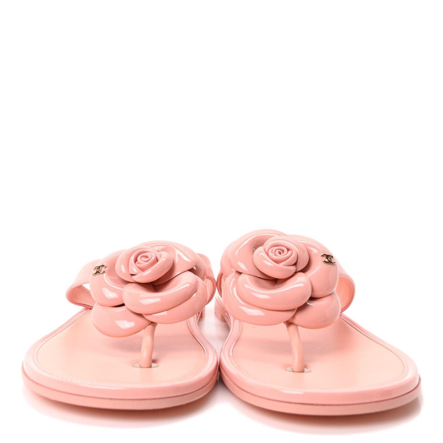 Patent Calfskin Camellia Thong Sandals 37.5 White 38 Light Pink