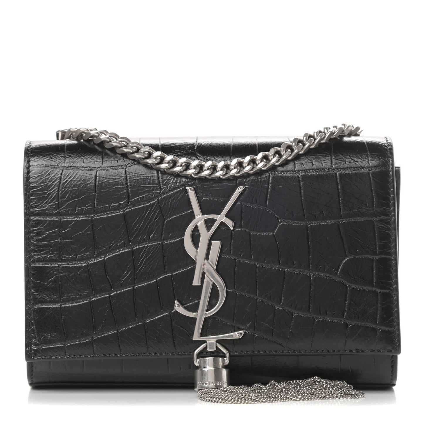 Calfskin Crocodile Embossed Small Classic Monogram Tassel Satchel Black