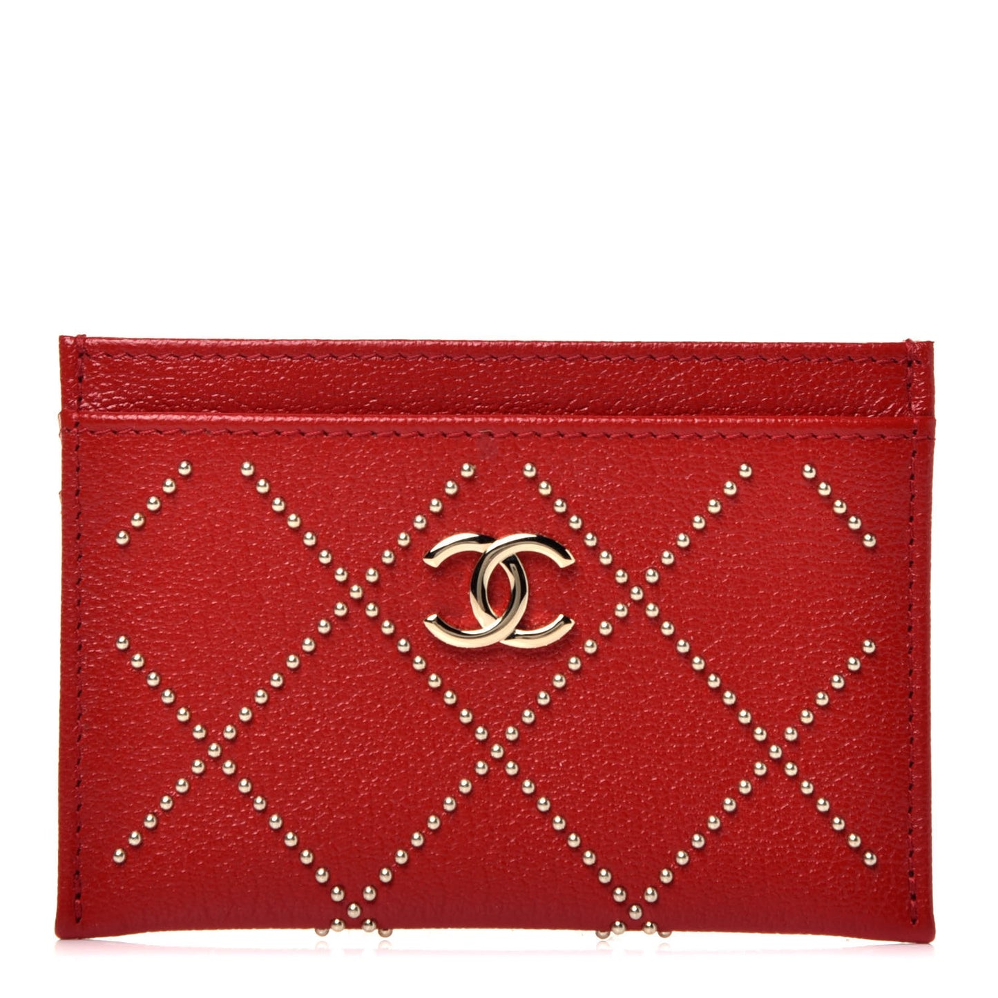 Shiny Lambskin Studded Rock The Diamond CC Card Holder Red
