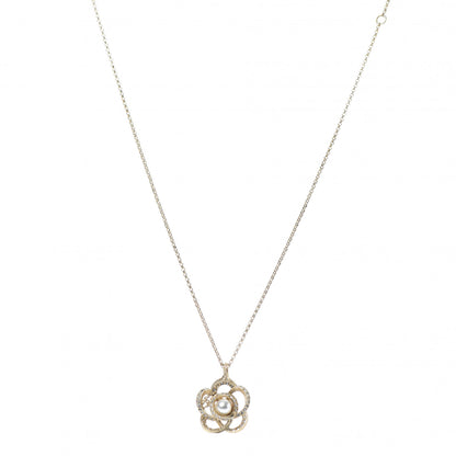 Chanel Crystal Pearl Camellia Necklace Gold 1 of 5