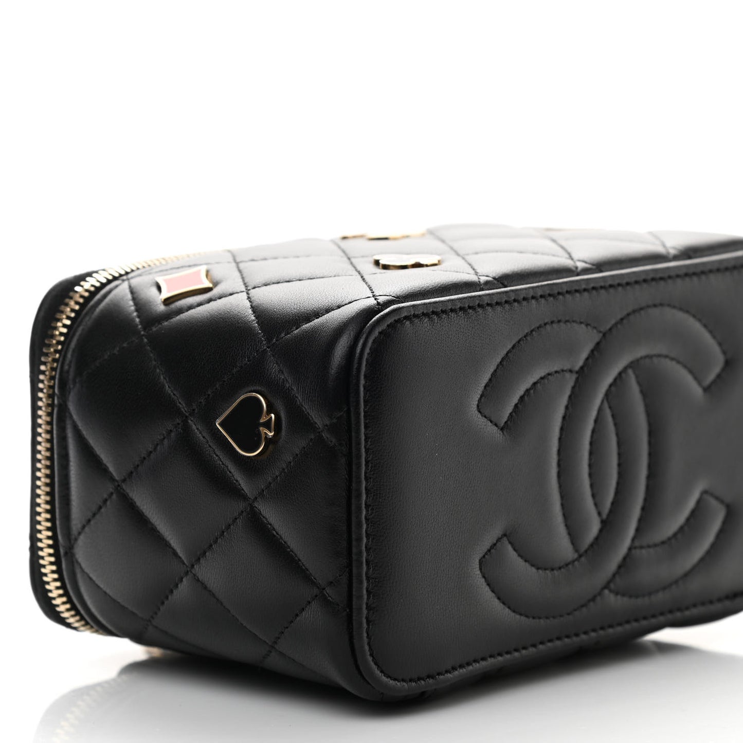 Lambskin Quilted Enamel Coco Casino Small Vanity Case With Chain Black