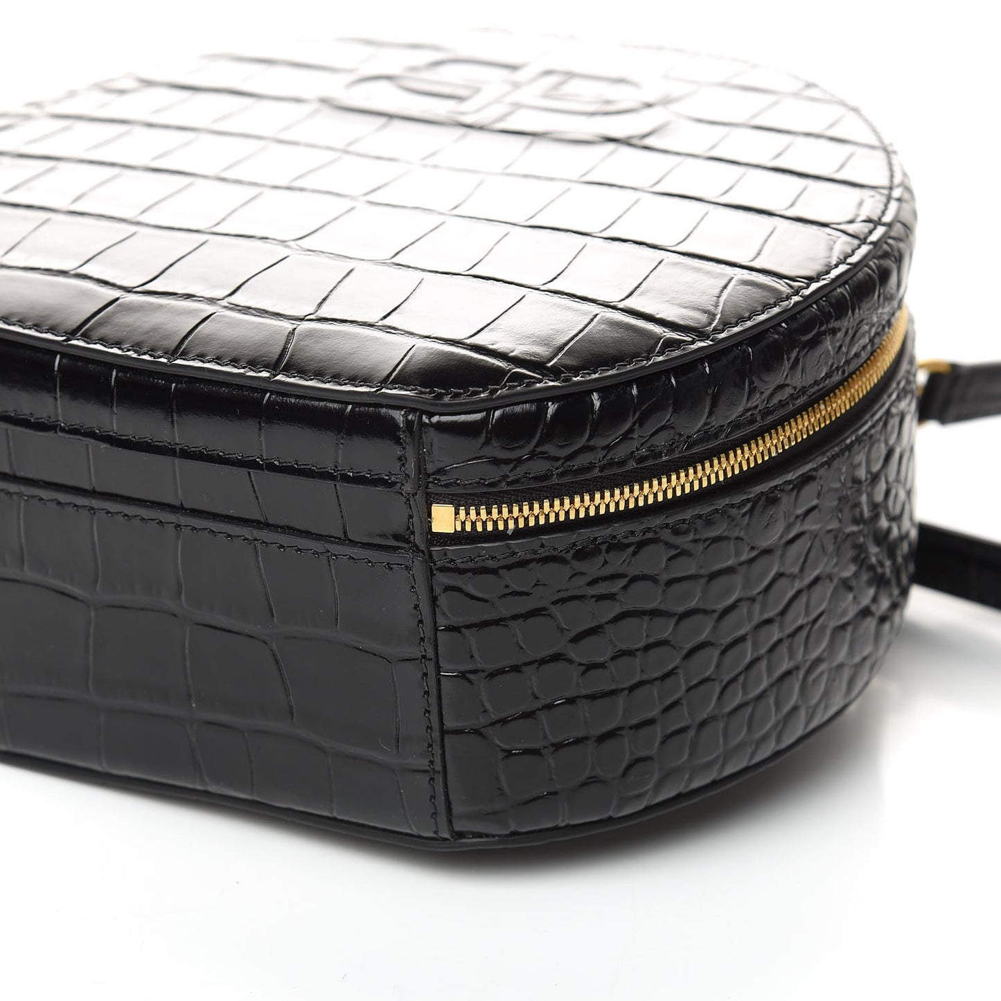 Calfskin Crocodile Embossed Vanity Round Bag XS Black