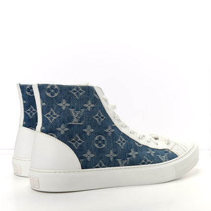 Louis Vuitton Calfskin Denim Monogram Mens Tattoo Sneaker Boots 9 White Blue 4 of 10