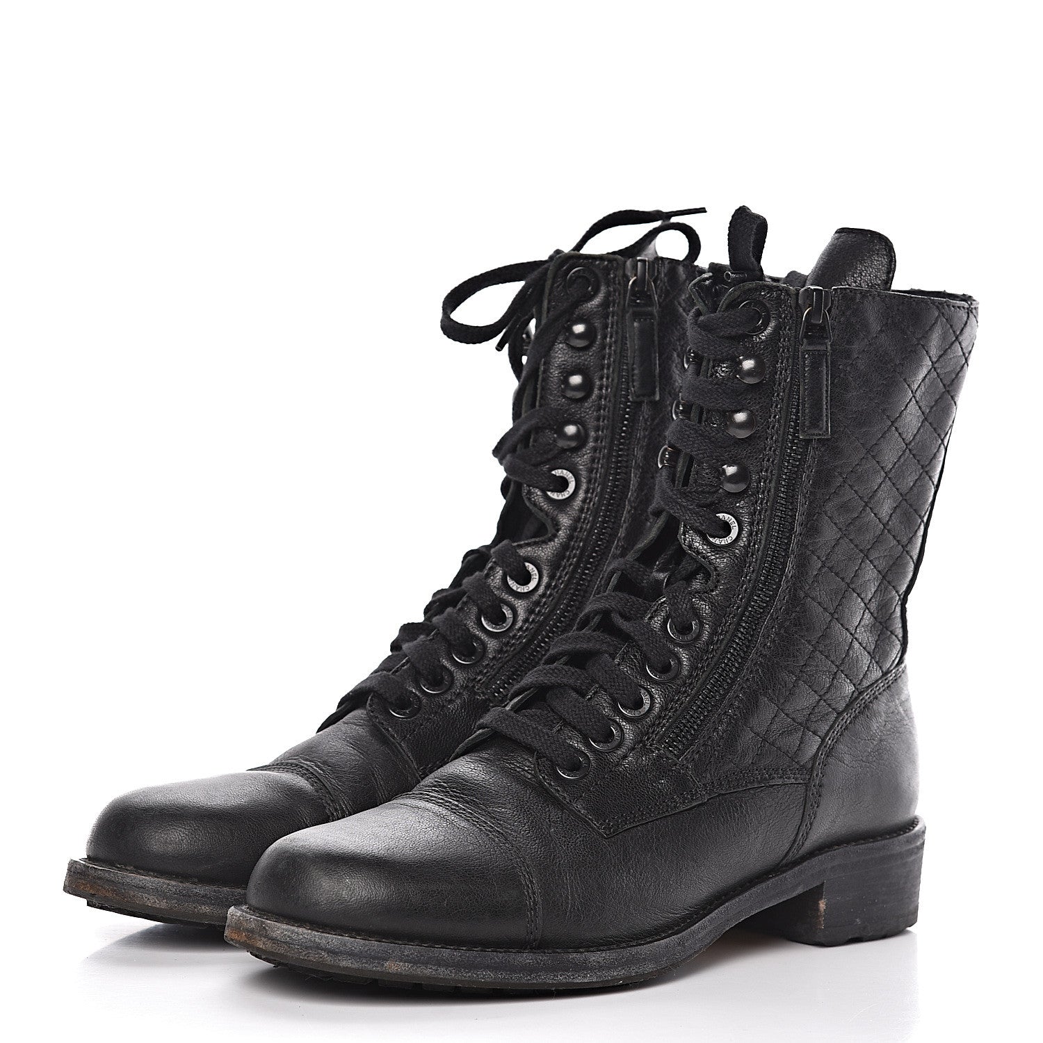 Chanel Sheepskin Quilted CC Tall Lace Up Combat Boots 40 Black 3 of 9