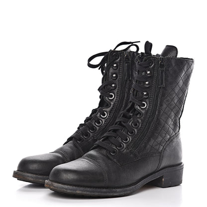 Chanel Sheepskin Quilted CC Tall Lace Up Combat Boots 40 Black 3 of 9
