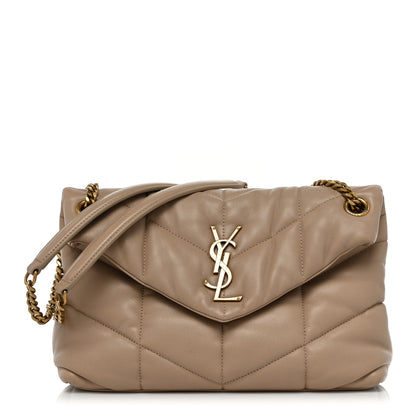 Saint Laurent Lambskin Quilted Small Loulou Puffer Monogram Chain Satchel Dark Beige 1 of 15