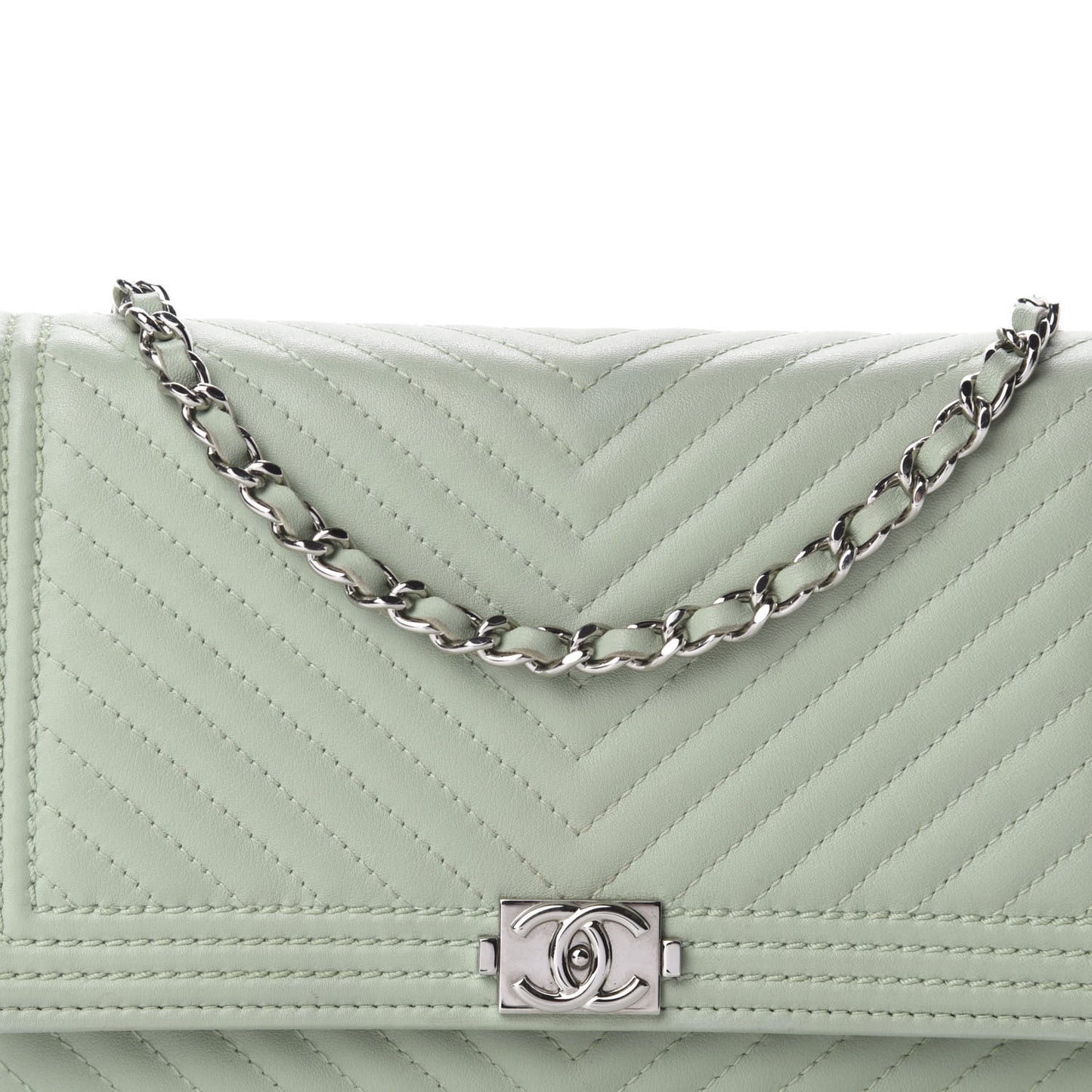 Lambskin Chevron Quilted Boy Wallet On Chain WOC Light Green