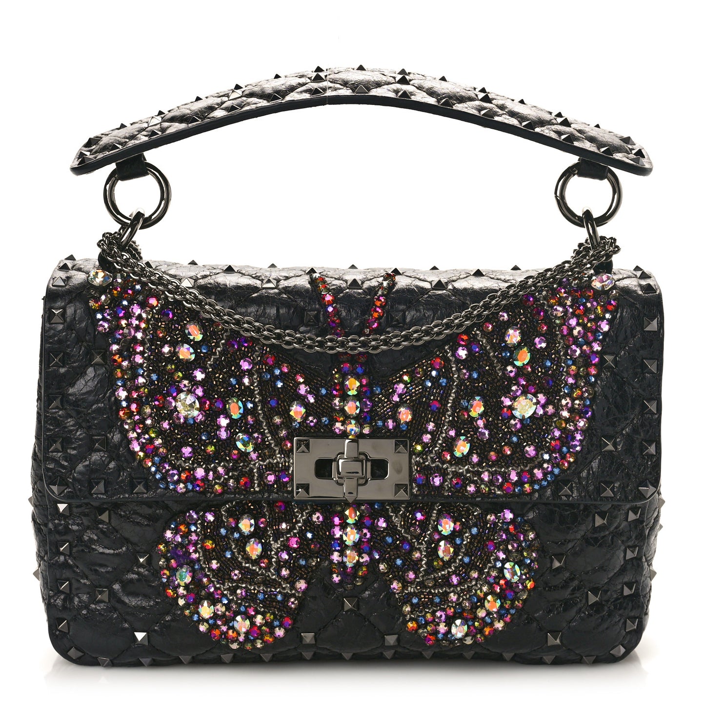Craquele Nappa Butterfly Crystal Medium Rockstud Spike Shoulder Bag Black