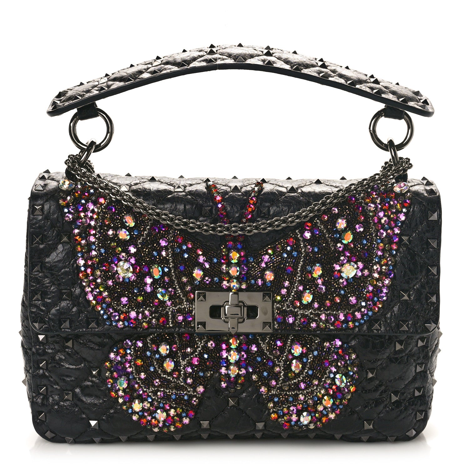 Valentino Garavani Craquele Nappa Butterfly Crystal Medium Rockstud Spike Shoulder Bag Black 1 of 9