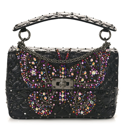 Valentino Garavani Craquele Nappa Butterfly Crystal Medium Rockstud Spike Shoulder Bag Black 1 of 9