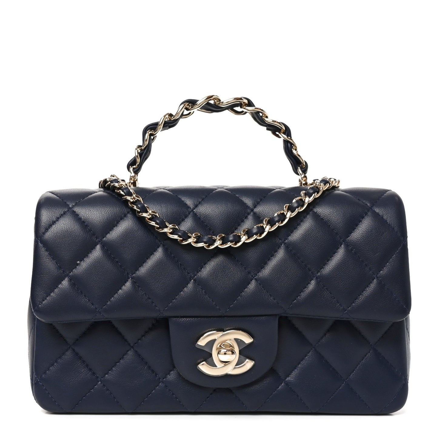 Lambskin Quilted Mini Chain Top Handle Rectangular Flap Navy