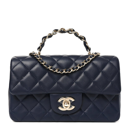 Chanel Lambskin Quilted Mini Chain Top Handle Rectangular Flap Navy 1 of 10