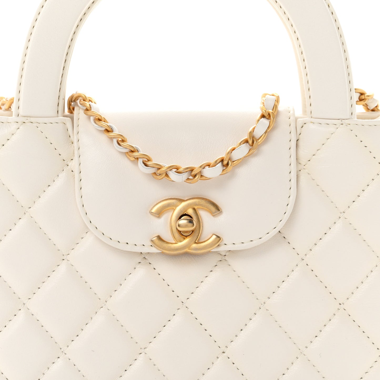 Shiny Aged Calfskin Quilted Nano Kelly Shopper White