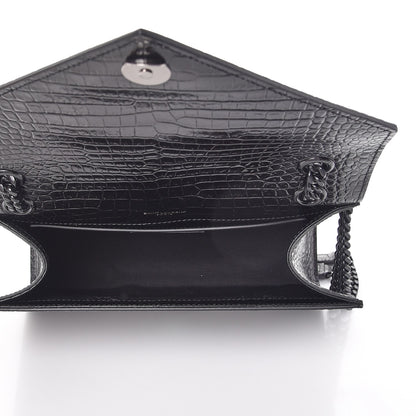 Saint Laurent Calfskin Crocodile Embossed Medium Monogram Envelope Chain Shoulder Bag Black 6 of 8