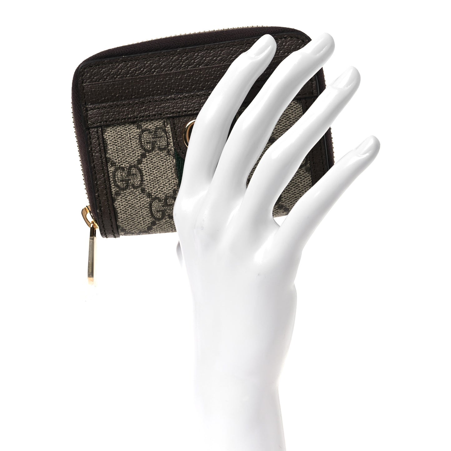 GG Supreme Monogram Textured Dollar Calfskin Web Ophidia Zip Around Card Case Wallet Beige Ebony New Acero