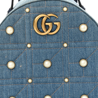 Gucci Kura Denim Matelasse Cubic Pearl Studded GG Marmont Dome Backpack Blue 8 of 10